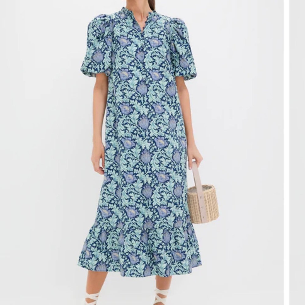 Multi Blue Leafy Floral Mimi Midi Dress